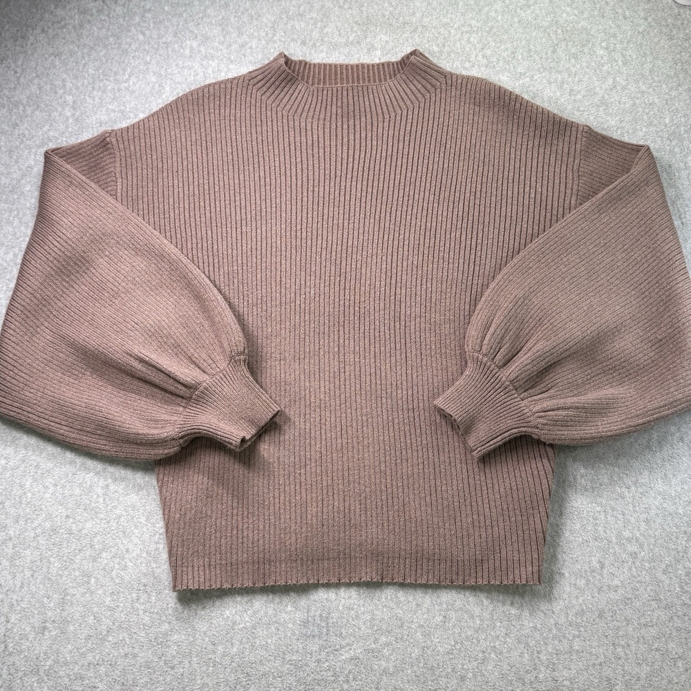 Moodie Ribbed Balloon Sleeve Sweater Women's L Mink Brown Knit Pullover